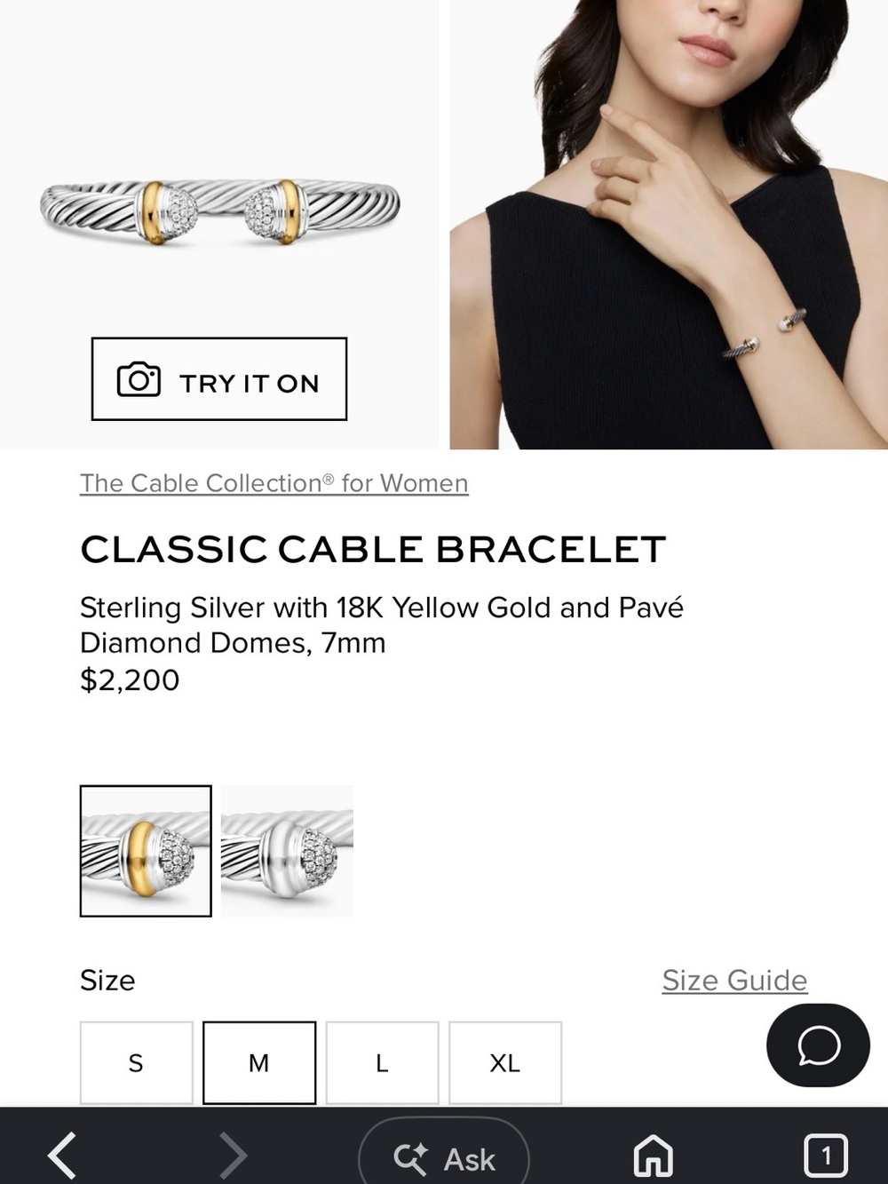 David Yurman Classic Cable Bracelet - Sterling Silver & 18K Yellow Gold